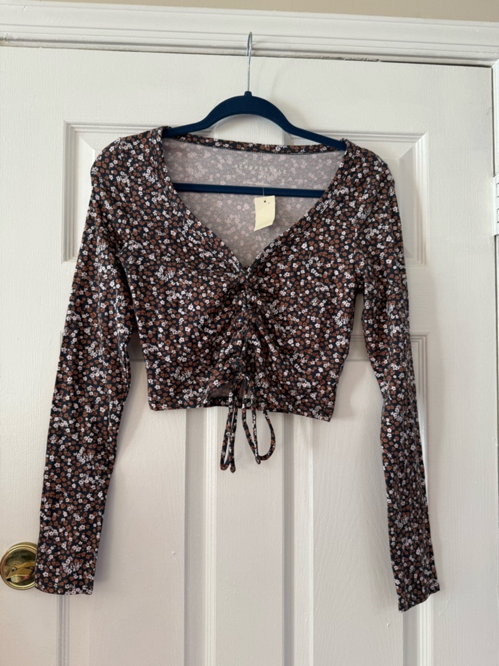 Aeropostale Brown Floral Ruched Long Sleeve Crop Top